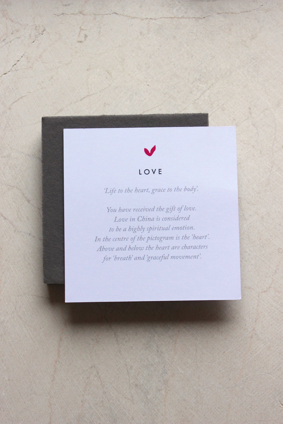 meaning card explaining love character in chinese included with love collection by liwu jewellery 